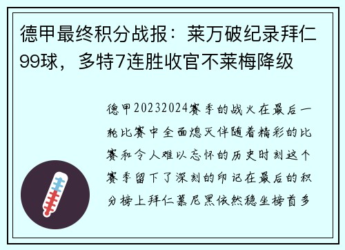 德甲最终积分战报：莱万破纪录拜仁99球，多特7连胜收官不莱梅降级