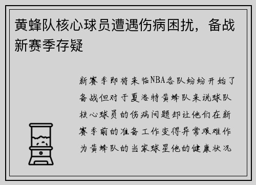 黄蜂队核心球员遭遇伤病困扰，备战新赛季存疑