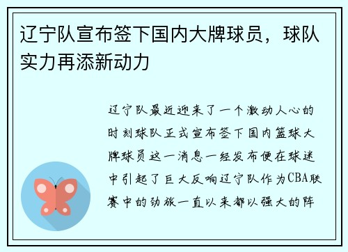 辽宁队宣布签下国内大牌球员，球队实力再添新动力