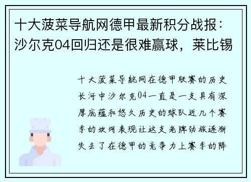 十大菠菜导航网德甲最新积分战报：沙尔克04回归还是很难赢球，莱比锡客场平局显疲态 - 副本