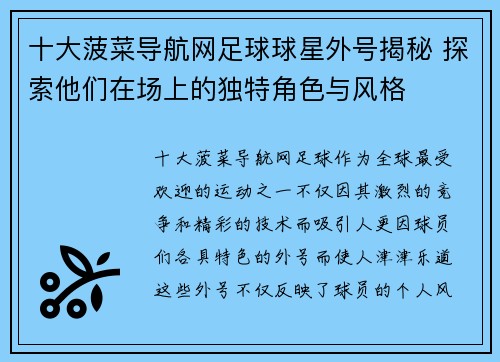 十大菠菜导航网足球球星外号揭秘 探索他们在场上的独特角色与风格